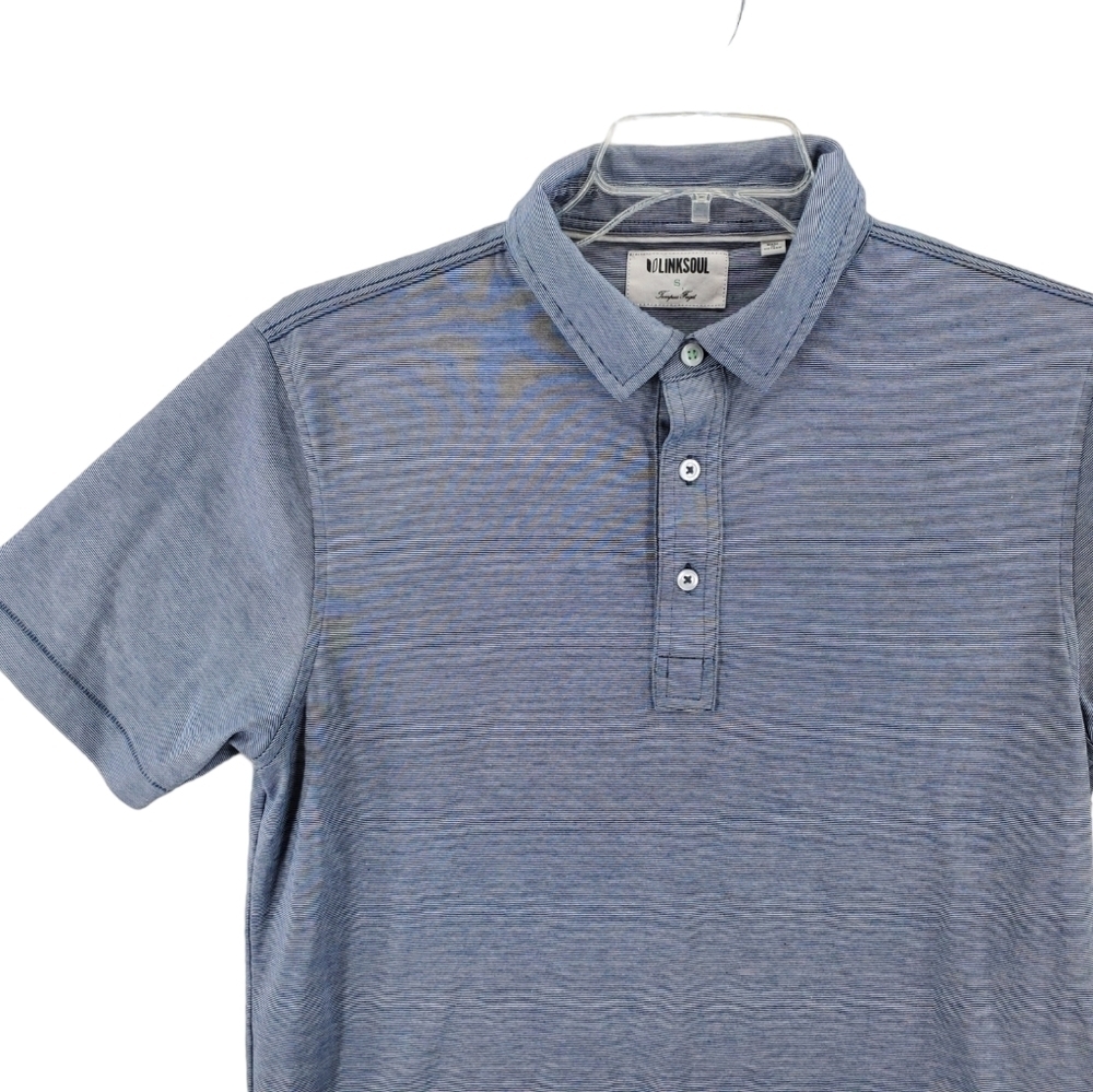 Linksoul Polo Shirt Mens S Gray Pin Stripe Short Sleeves Tempus Fugit Cotton - Picture 2 of 13